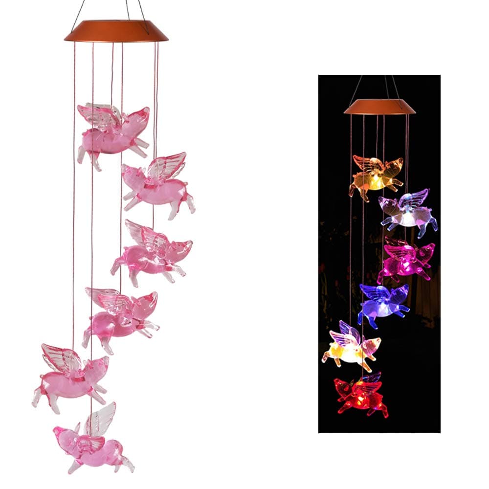 LED Solar Fly Pigs Wind Chimes Outdoor - Waterproof Solar Powered LED Changing Light Color 6 Flying Pigs Mobile Romantic Wind-Bell for Home, Party, Festival Decor, Night Garden Decoration