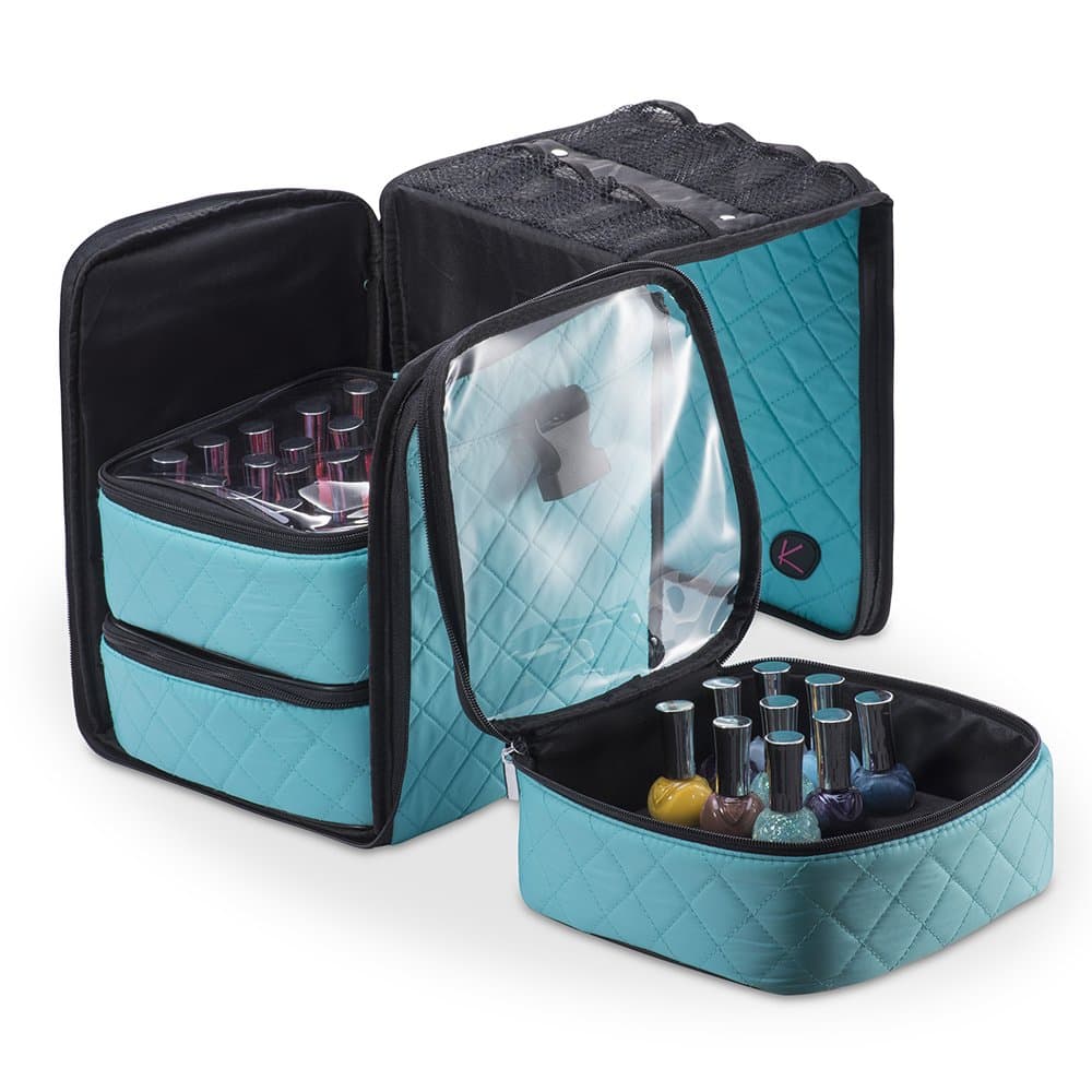 KIOTA Deluxe Soft Sided Nail Polish Storage Cube, 3 in 1 Organizer with Shoulder Strap, Mesh Pocket, Aqua