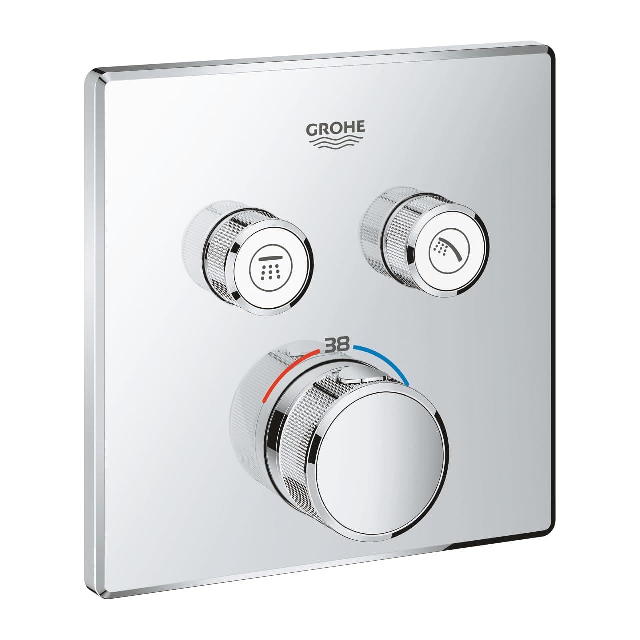 Grohtherm SmartControl - Concealed Square Thermostat for Shower or Bath (2 Valves, Push for ON-OFF, Turn for Volume Adjustment, Safety Button at 38°C, Requests Rapido SmartBox), Chrome, 29124000