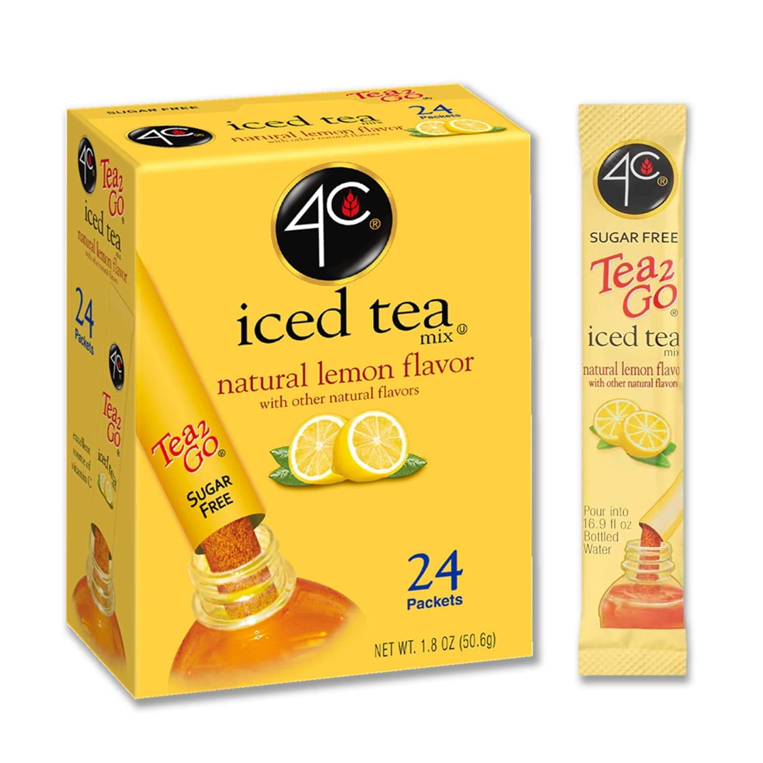 4C Powdered Drink Mix Packs, 1 Pack Lemon Tea, 24 Counts, Stix On The Go Singles, Refreshing Water Scents Sugar-Free