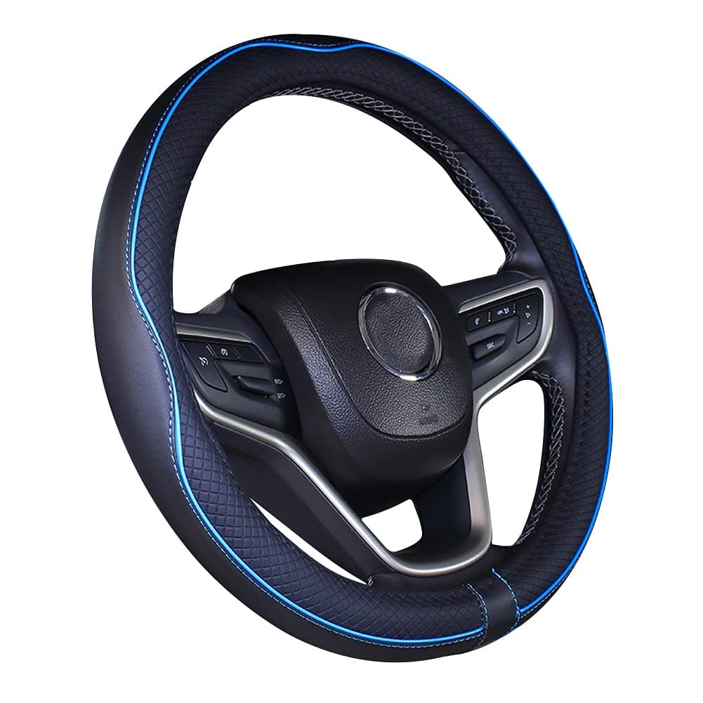 Microfiber Leather Car Steering Wheel Cover Universal 15 inch/38cm Breathable Anti-slip Protector for Auto/SUV (Black Blue,14.5-15")