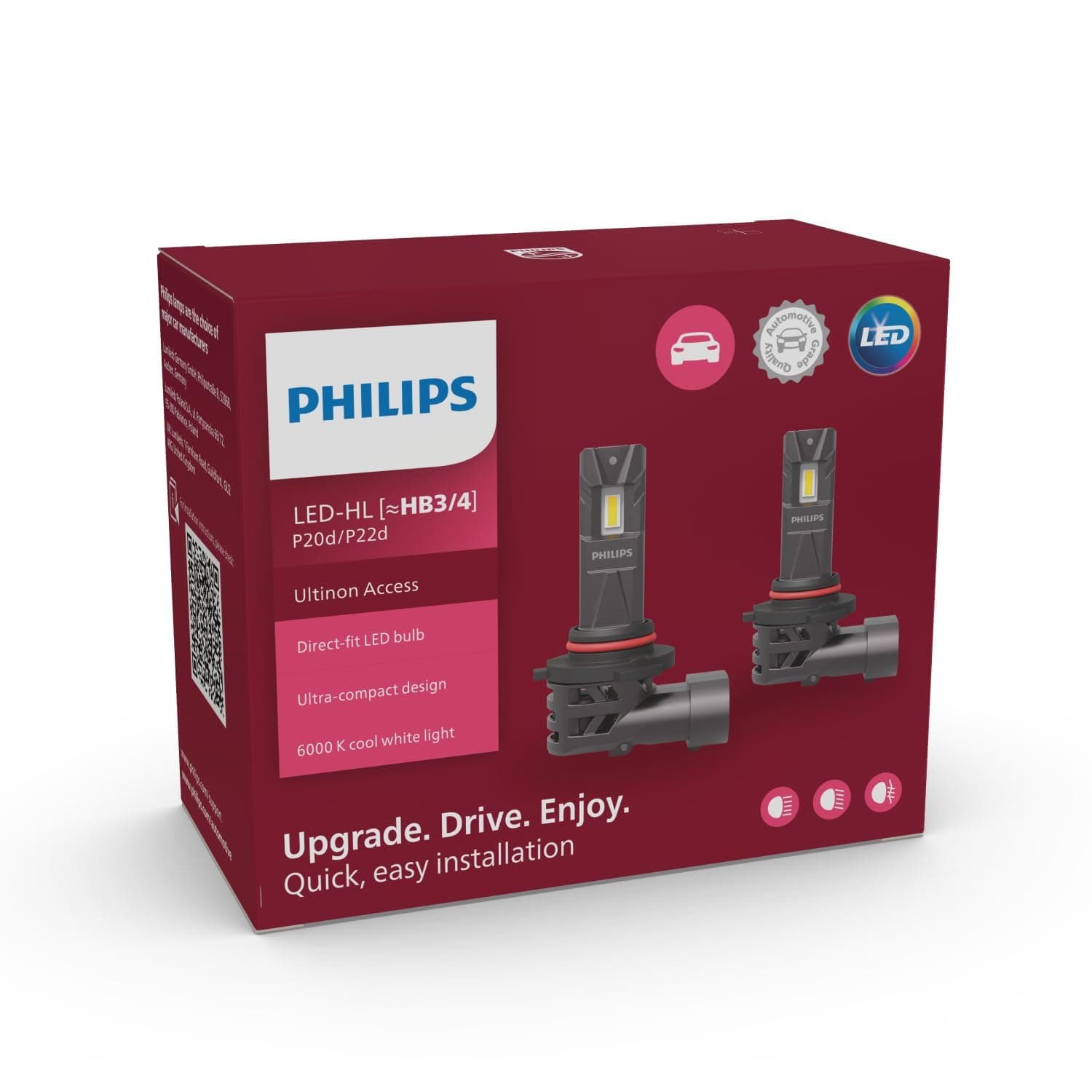 Philips Ultinon Access LED car headlight bulb (HB3/HB4), ultra-compact direct-fit, 80%, 6.000K, set of 2