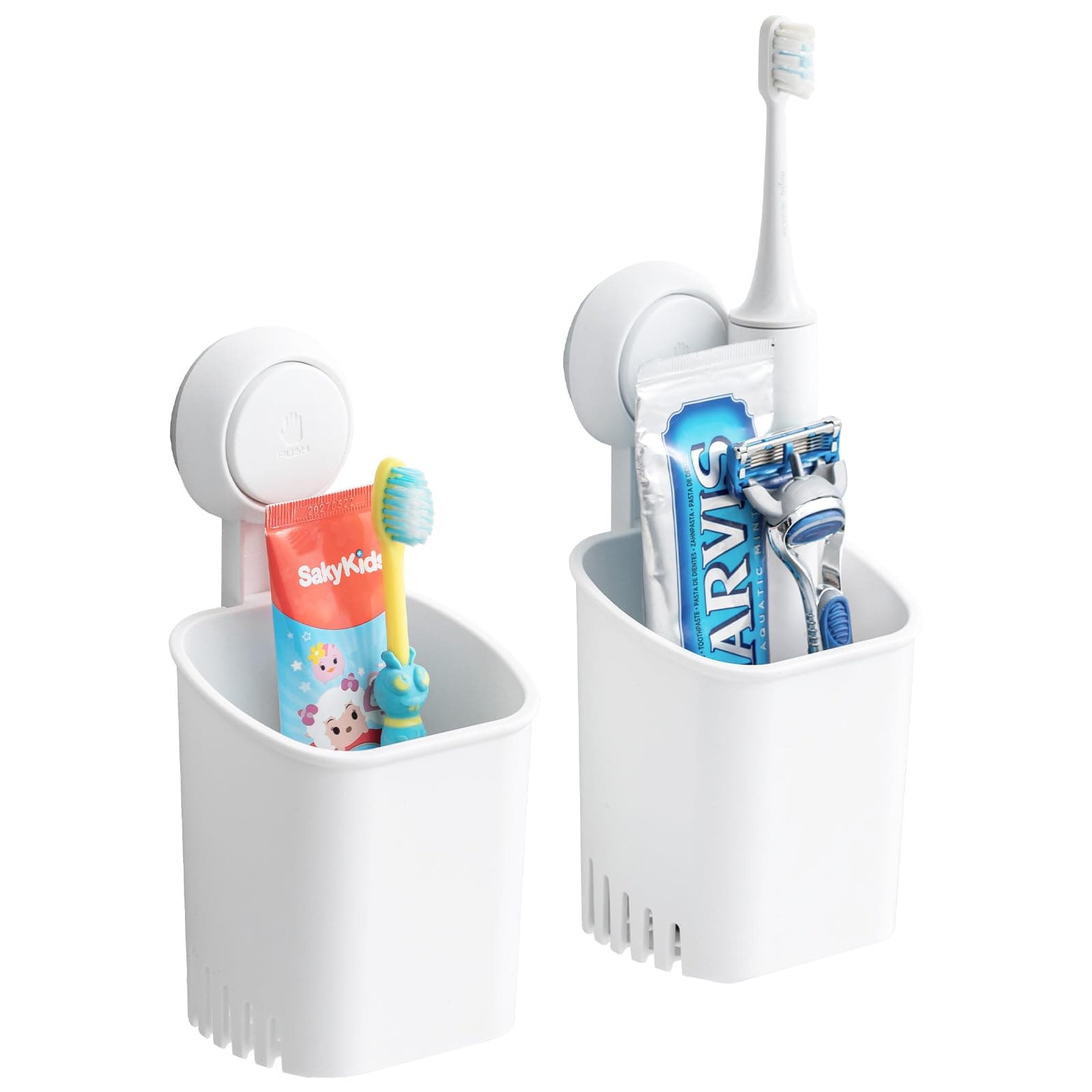 LEVERLOC Toothbrush Holder Wall Mounted 2 Pack, MAX Hold 3 KG, Shower Razor Organizer, Suction Cup Toothbrush Holder for Bathroom, No Drilling, Removable Toothpaste Organizer, White In Plastic