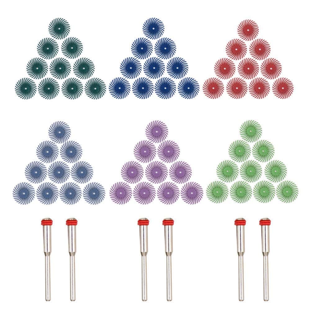 60pcs 1 inch Radial Bristle Disc Kit with 1/8" Shank, GOXAWEE Rotary Tool Accessoires with 3mm Mandrels for Polishing, Abrasive Brushes Wheel in 6 Grit 80/120/220/400/600/1000