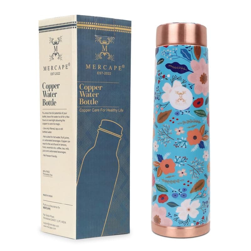 MERCAPE Pure Copper Water Bottle | 950 ml Jointless Leak-Proof Bottle | Multicolour Floral Printed Design | Ideal for Home, Office, Gym, Yoga & Travel