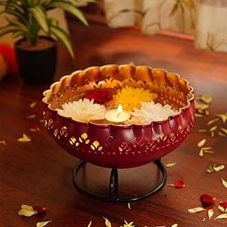Maroon Urli Bowl with Stand for Home Decor & Table Decoration | Floating Flowers, Tealight Candles Water Bowl for Diwali Pooja and Other Festivals | Gift for Various Occasions, Medium