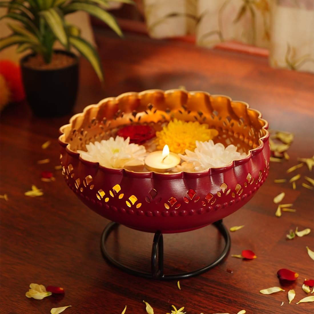 Maroon Urli Bowl with Stand for Home Decor & Table Decoration | Floating Flowers, Tealight Candles Water Bowl for Diwali Pooja and Other Festivals | Gift for Various Occasions, Medium
