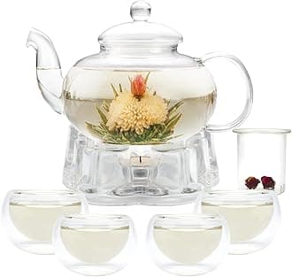 GURUDAR Glass Teapot Set, 34OZ/1000ML Glass Tea Kettle with Loose Tea Infuser & Warmer, 5OZ/150ML Double-Wall Tea Cup Set of 4, Stovetop & Microwave Safe Tea Maker, Blooming Tea Gift Set For Women