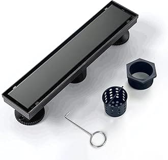Linear Shower Drain, 12 inch Black Drain with Tile Insert 2-in-1 Panel, Brushed 304 Stainless Steel Shower Floor Drain, Linear Drain with Hair Strainer and Adjustable Feet