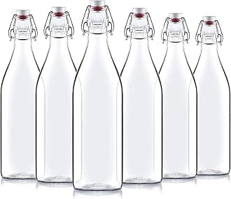 Bormioli RoccoGlass Bottles with Swing Top - Set of 6 (1 Liter) Clear Airtight Glass Preserve Bottle with Stopper, Home Brew Beer Bottles for Water, Juice, Beverages, Liquor, Kefir, Kombucha