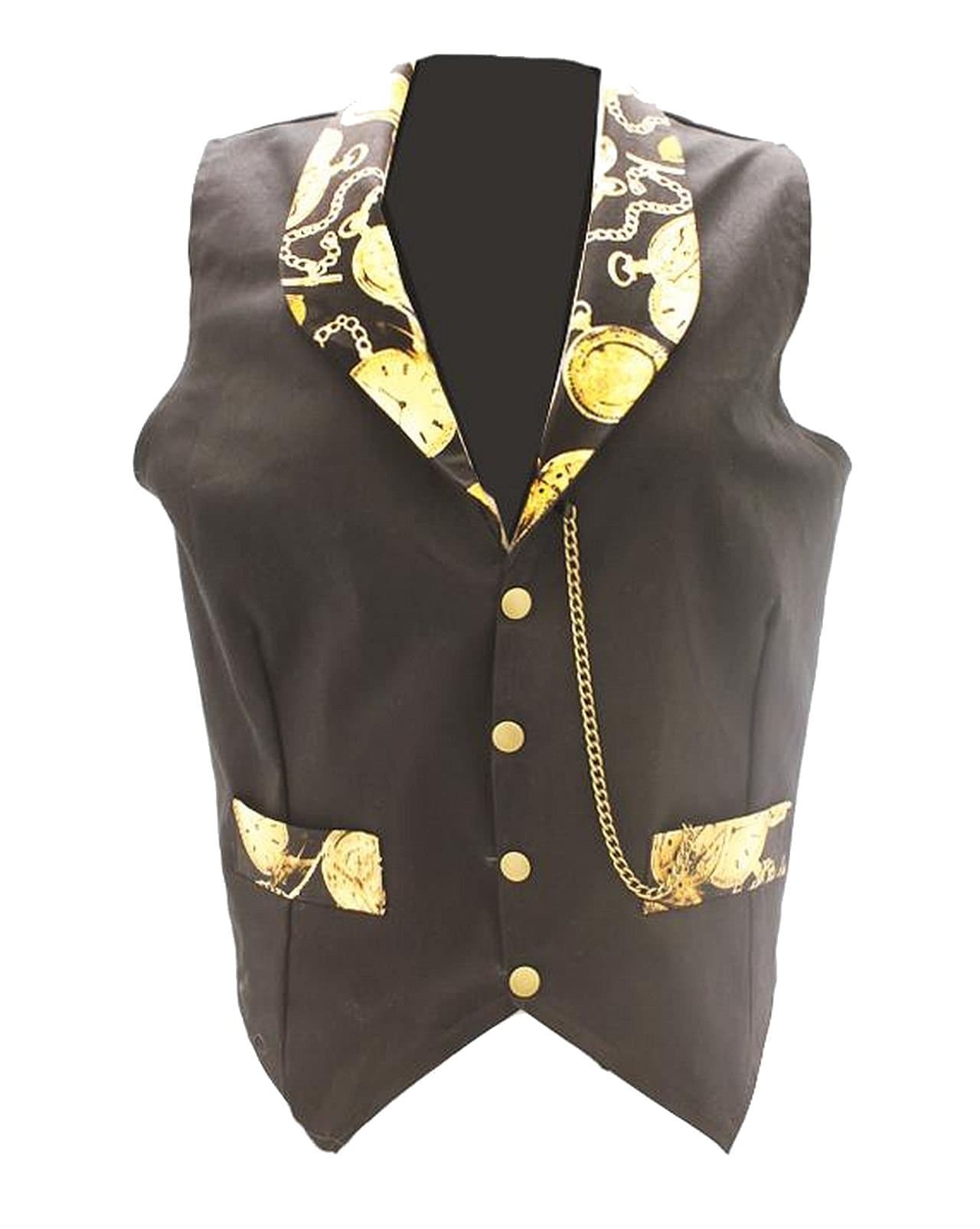 Altissimo Moda Size Small - Black Steampunk Cotton Waistcoat With Time Piece Print, Brass Poppers & Chain Detail