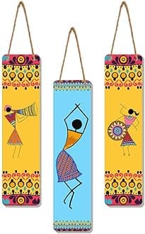 African Warli Art Designer Wooden Wall Hanging Decoration Items for Home | Gifts | Bedroom | Wooden Wall Hanger | Mdf Wall Decoration for Living Room | Artworks (WH_8108N), Set of 3