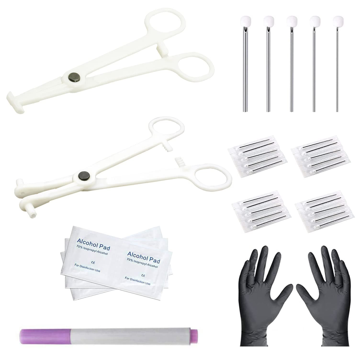 NA Ear Nose Piercing Needles Body Piercing Needles Kit Mix Size 12G 14G 16G 18G 20G Stainless Steel Piercing Kit with 2 Pcs Different Piercing Clamps and Alcohol Pads, Marker Pen (Type B)