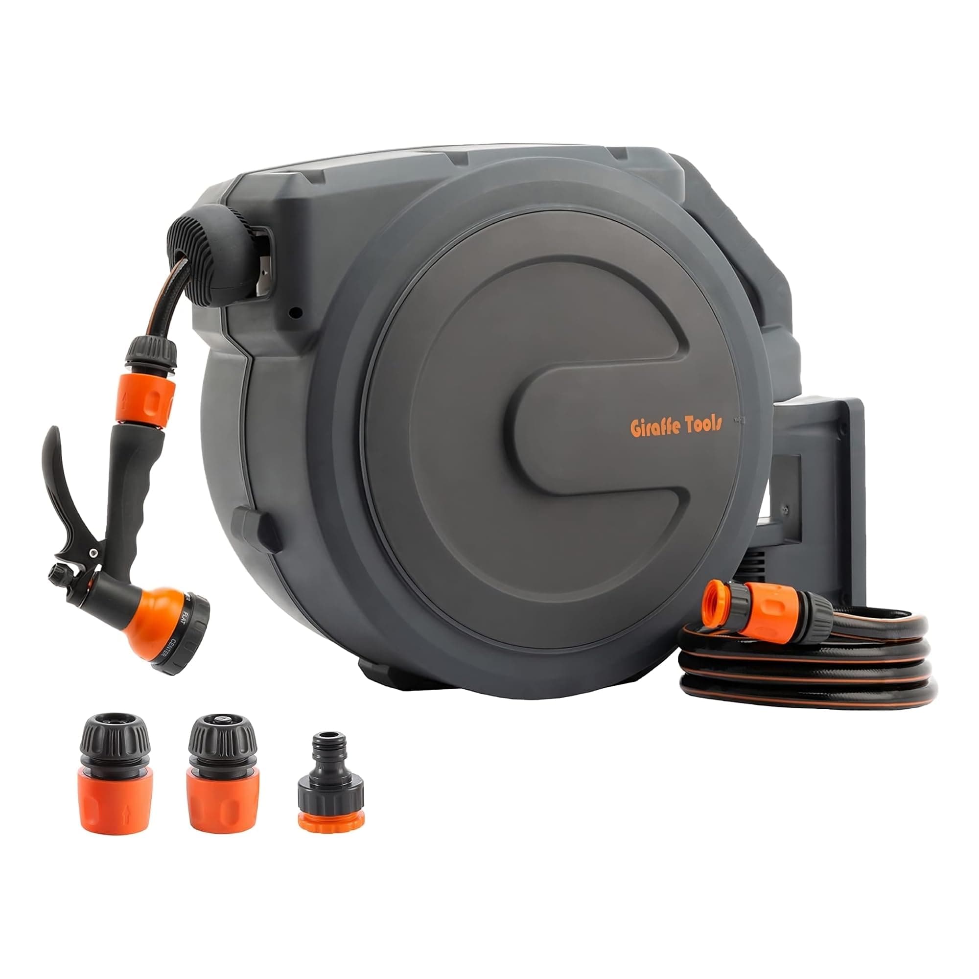 Giraffe Tools Retractable Hose Reel Wall Mounted, 30+2m Garden Hose Reel, 180° Pivotal with 7 in 1 Spray Nozzle, Grey (EUAW-30)