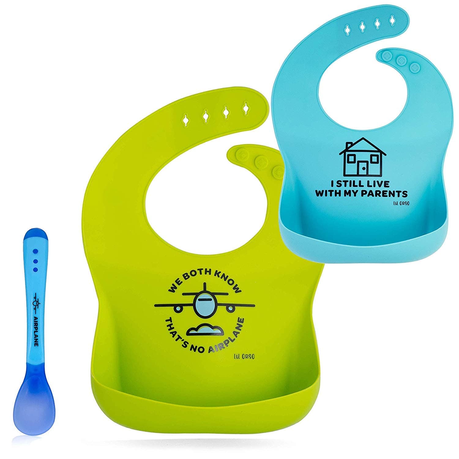 Lil Orso Baby Bibs and Plastic Spoon - 2 Silicone Bibs for Infant Boy and Girl! Soft, Waterproof Drool Bib for Babies Feeding and Teething Or Toddler Spills!