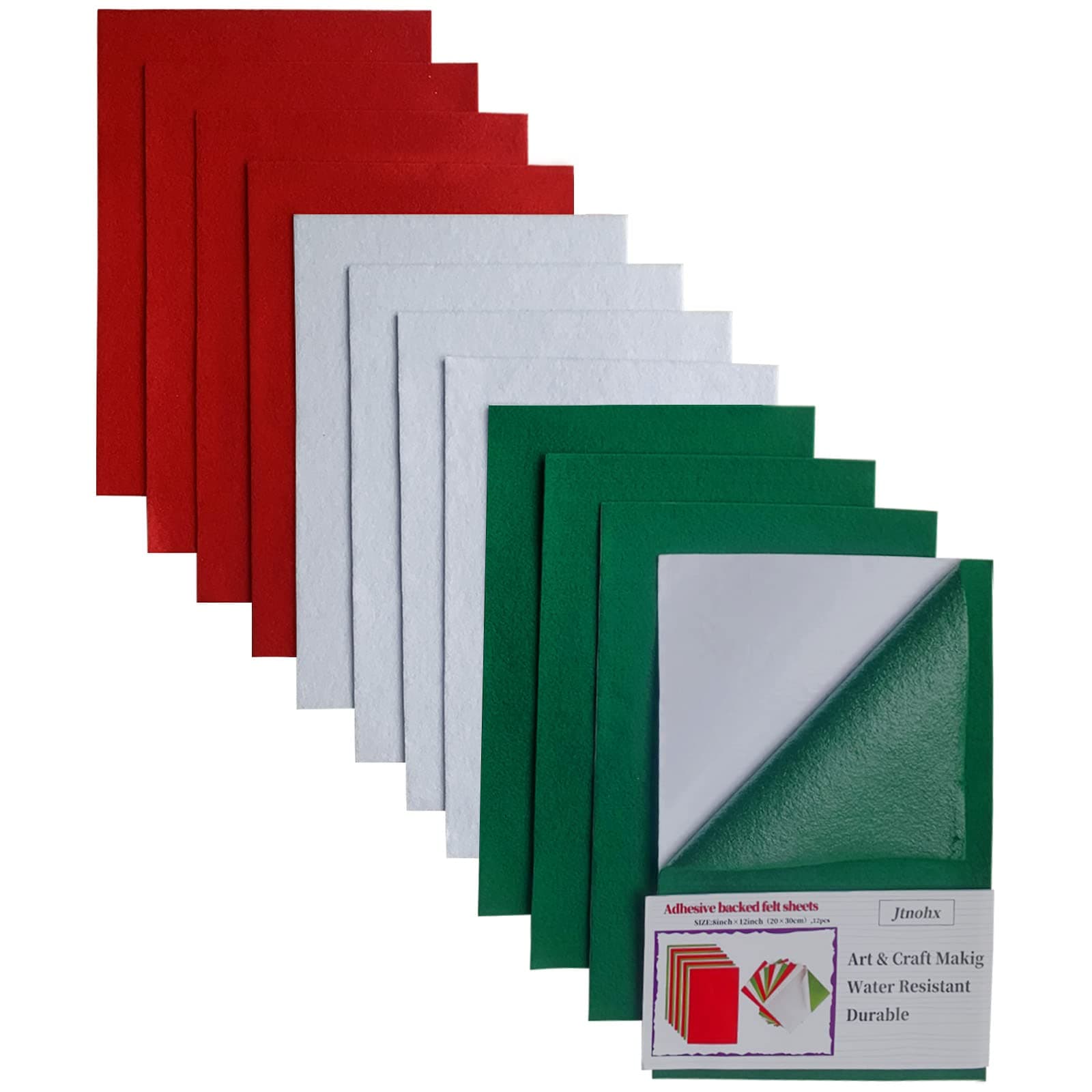 Jtnohx Self Adhesive Felt Sheets, 12 Pieces Felt Fabric with Adhesive Backing, 8x12 Inches Soft Sticky Back Fabric for Art & Craft DIY Project (Green/White/red)