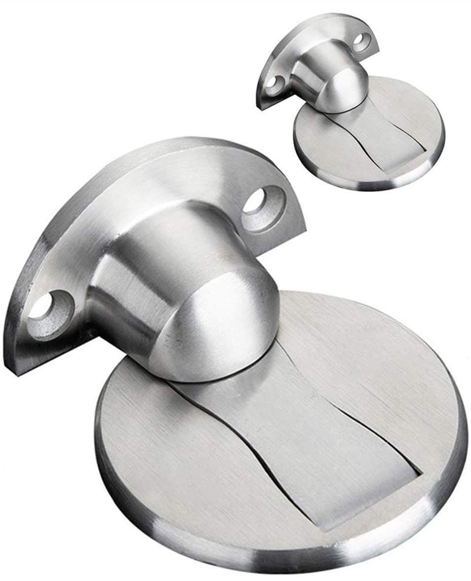 2 Pack Magnetic Door Stop, Soft Catch Floor Door Stopper, Stainless Steel Metal Door Holder with 3M Sticker, Magnet Door Stops Floor Mount, Silver