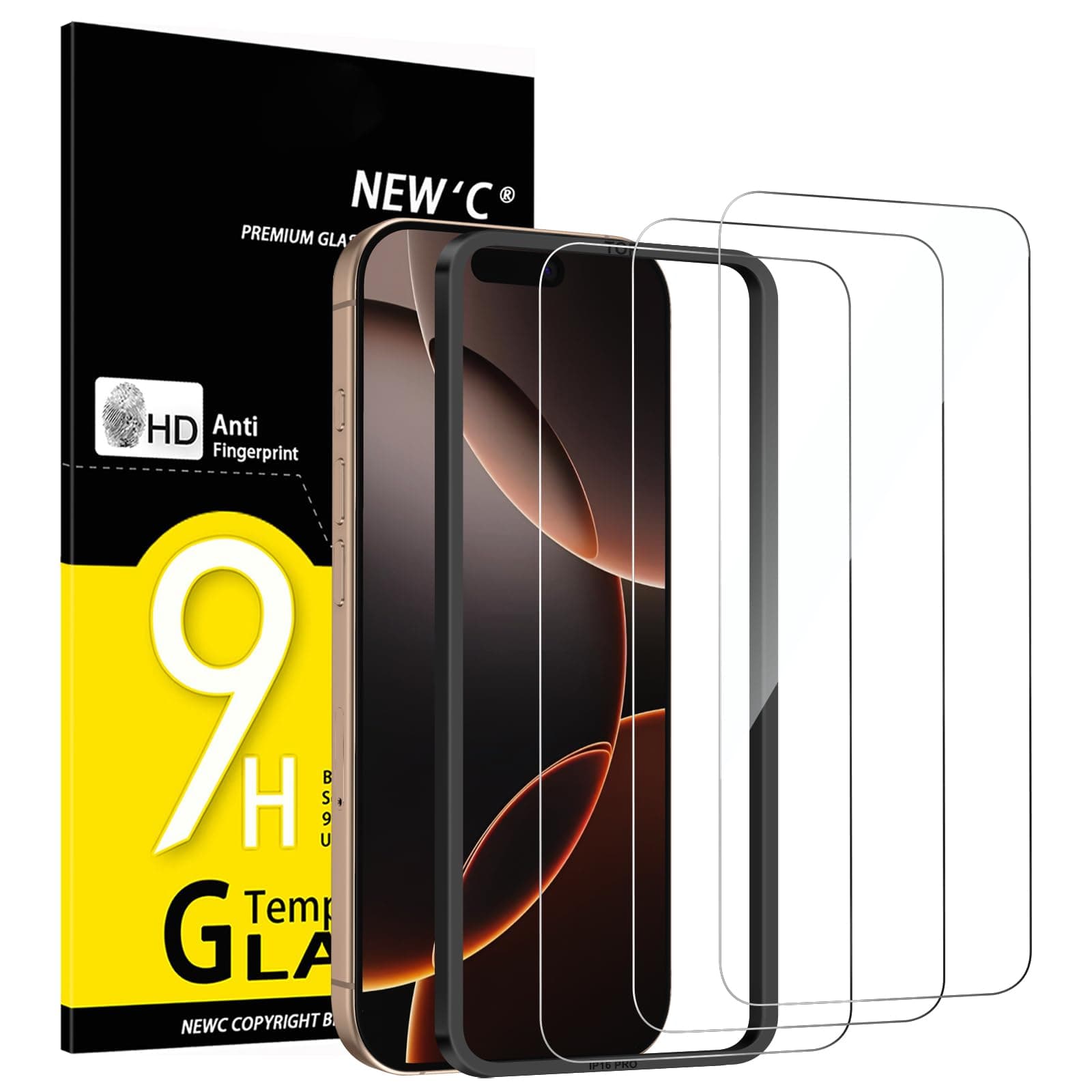 NEW'C 3 Pack Designed for iPhone 16 Pro, iPhone 17,17 Pro Screen Protector (6.3 inches), Enhanced Tempered Glass Protection with easy installation tool included,Case Friendly