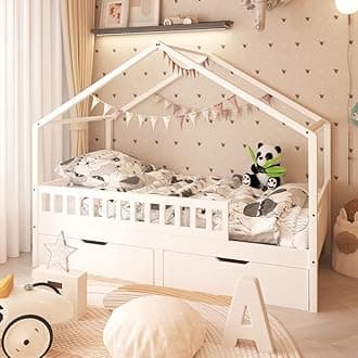 Solid Pine White Childrens Single Bed Frame,Kids Floor Bed Frame with Storage,Ottoman Bed,House Bed
