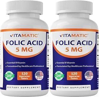 Folic Acid 5mg (5000 mcg) – 120 Vegetarian Tablets per Bottle | Pack of 2 (Total 240 Tablets) Vitamin B9 (Folate) | Supports Heart Health, Brain Function, and Prenatal Wellness
