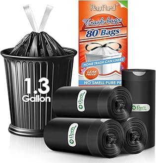 1.3 Gallon 80 Counts Strong Drawstring Trash Bags Garbage Bags by RayPard, 1, 1.2, 1.3 Gal Small Plastic Bags, Trash Can Liners for Home Office Kitchen Bathroom Bedroom, Waste Basket Liners (Black)
