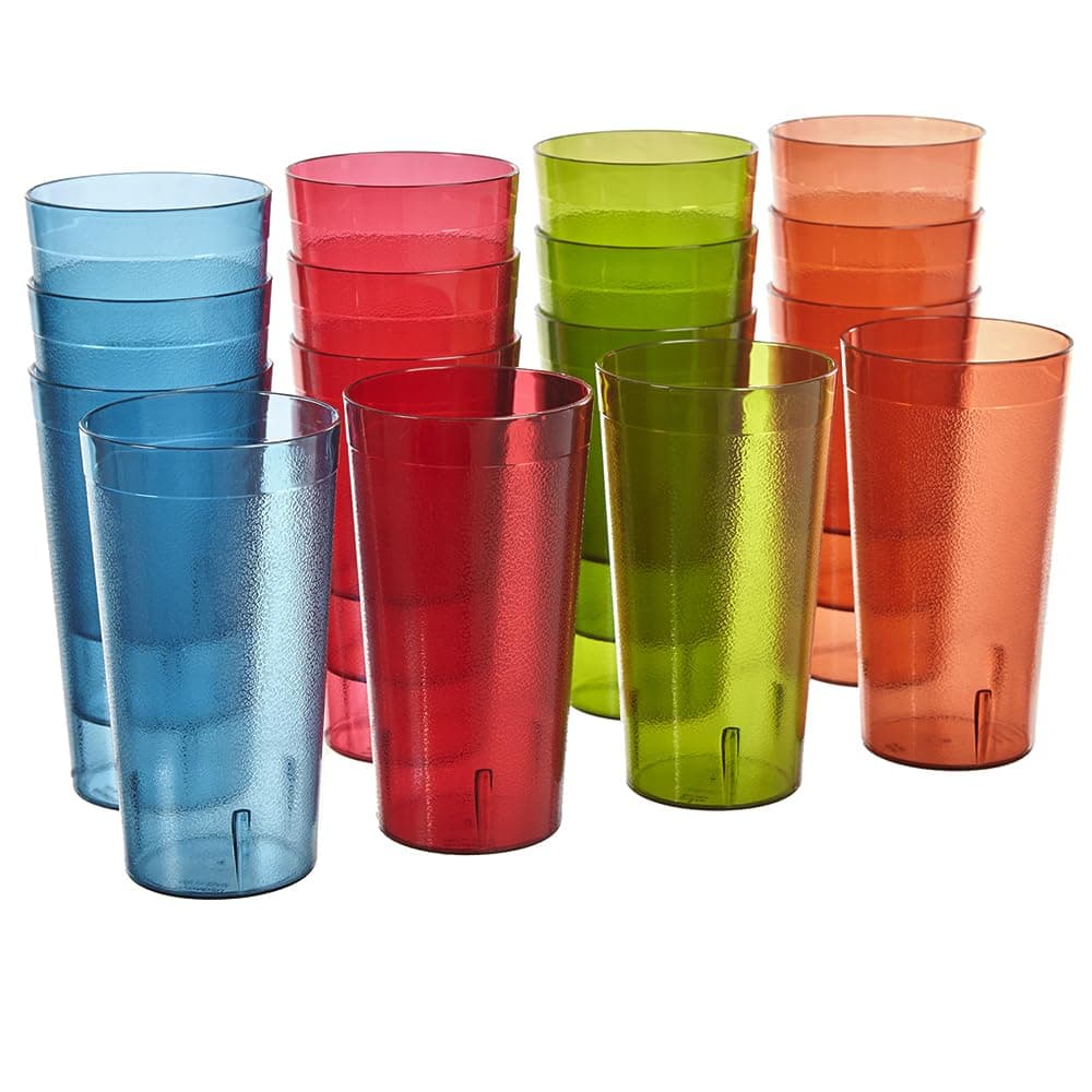Cafe Break-Resistant Plastic 20oz Restaurant-Quality Beverage Tumblers | Set of 16 in 4 Assorted Colors.