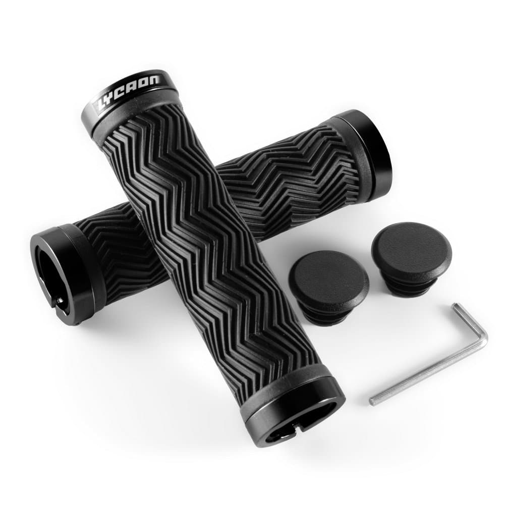 LYCAON Bike Handlebar Grips, Two Sides Locking Non-Slip-Rubber Bicycle Handle Grip with Aluminum Alloy Lock, Bike Grip for Scooter Tricycle Mountain Road Urban Folding Bike MTB (Black, Classic Grips)