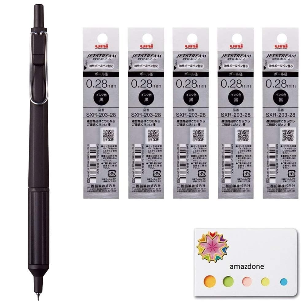 uni Jetstream Edge 0.28mm Oil-Based Ballpoint Pen, Black Body (SXN100328.24)+Jetstream Edge 0.28mm Ballpoint Pen Refills(SXR-203-28 Black) 5 Refills Set, and amazdone Sticky Notes