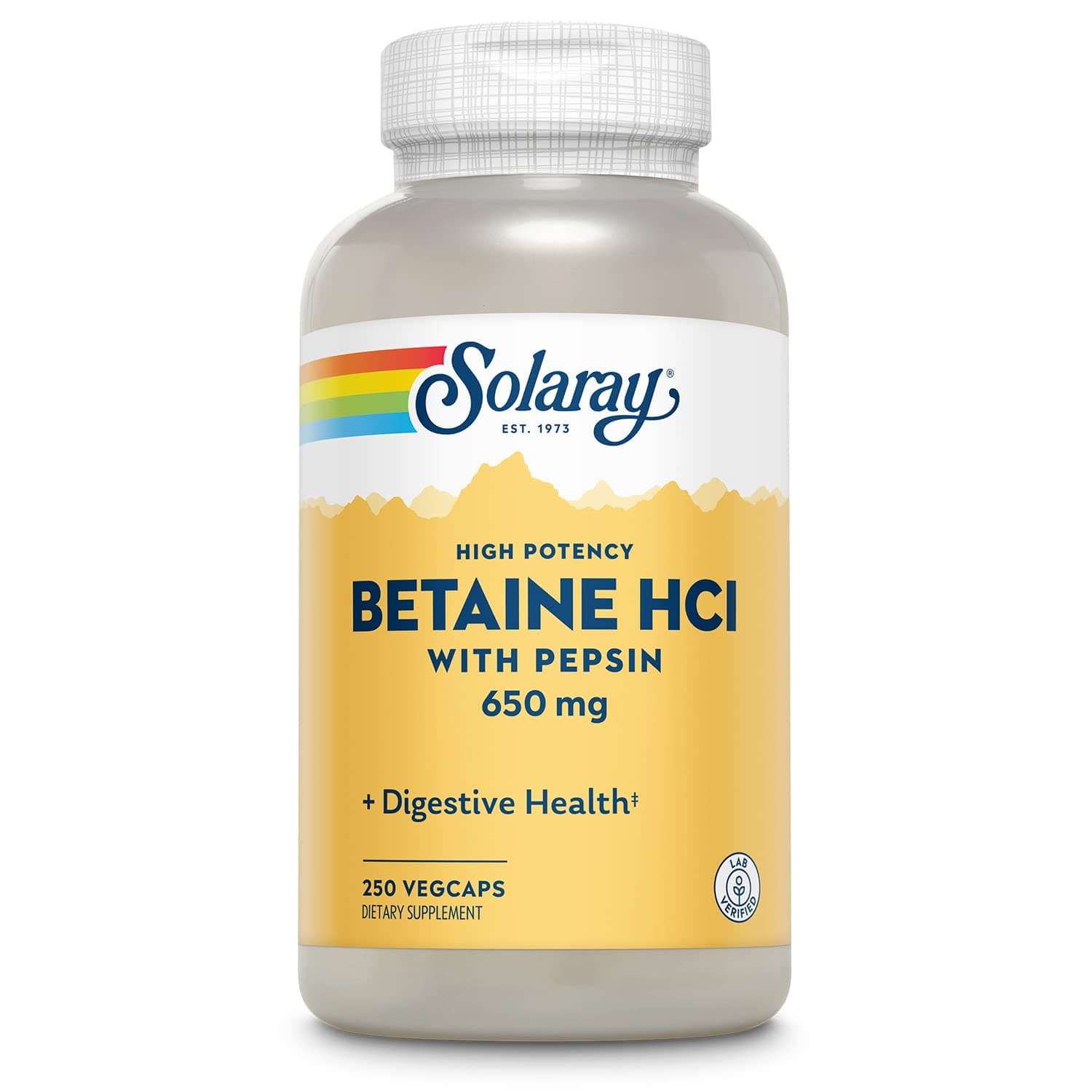 SOLARAY Betaine HCL with Pepsin - High Potency Hydrochloric Acid Formula - Digestive Health Supplement with Digestive Enzymes for Gut Health Support - 60-Day Guarantee, 250 Servings, 250 VegCaps