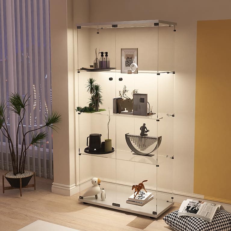 Display Cabinet with Glass Doors, 4-Tier Curio Cabinet with LED Lights for Collectibles (2700K-6000K), Glass Display Case with Remote Control