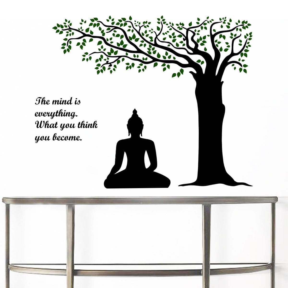 Rawpockets Decal 'Lord Buddha Under Tree and Quote on Mind' Extra Large Size (Wall Sticker, Black, Green, Pack of 1)