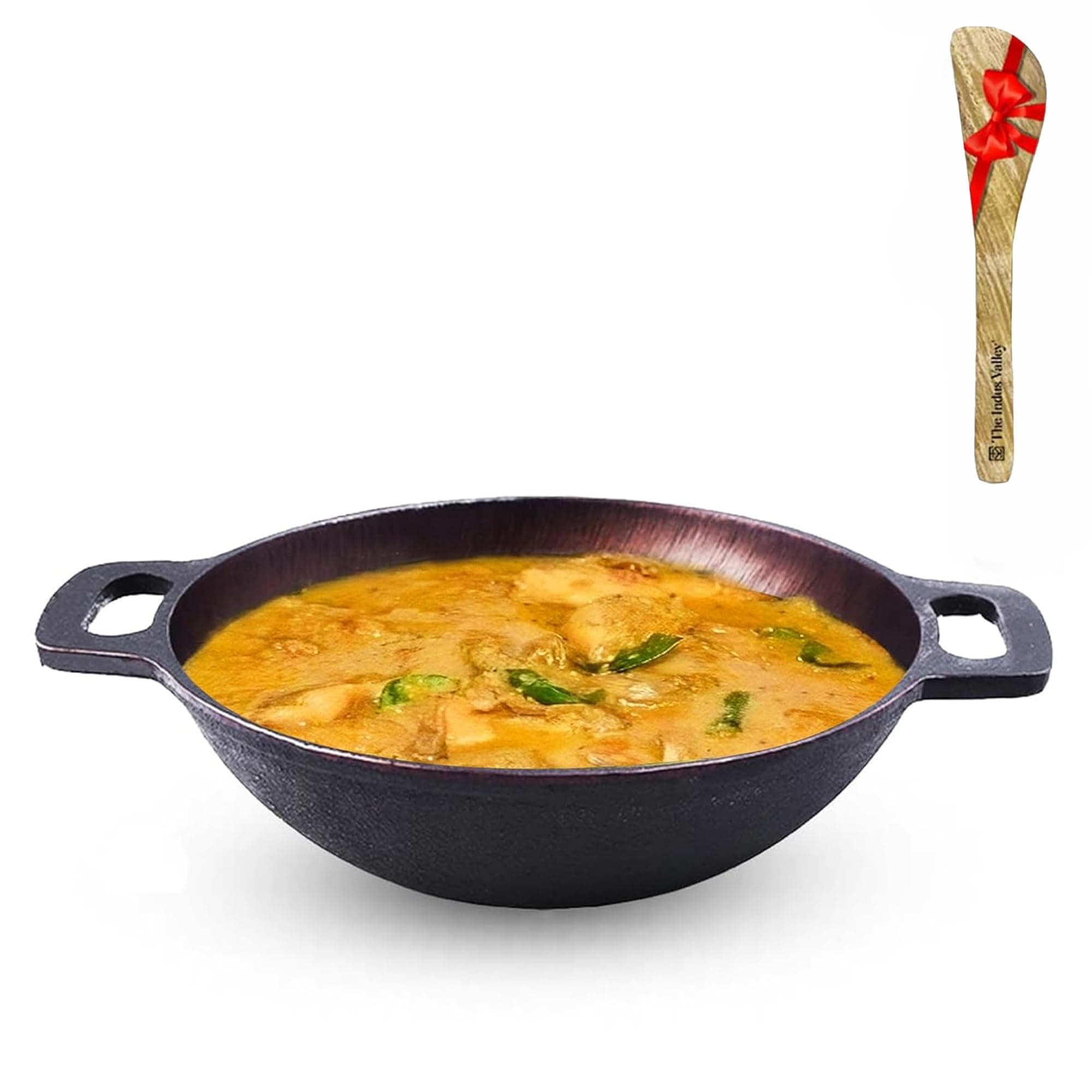 The Indus Valley Super Smooth Cast Iron Kadai with Free Wooden Flip | Medium, 25.4cm/10 inch, 2.5Ltr, 2.4kg | Gas Stove | Pre-Seasoned Kadhai, 100% Pure & Toxin-Free