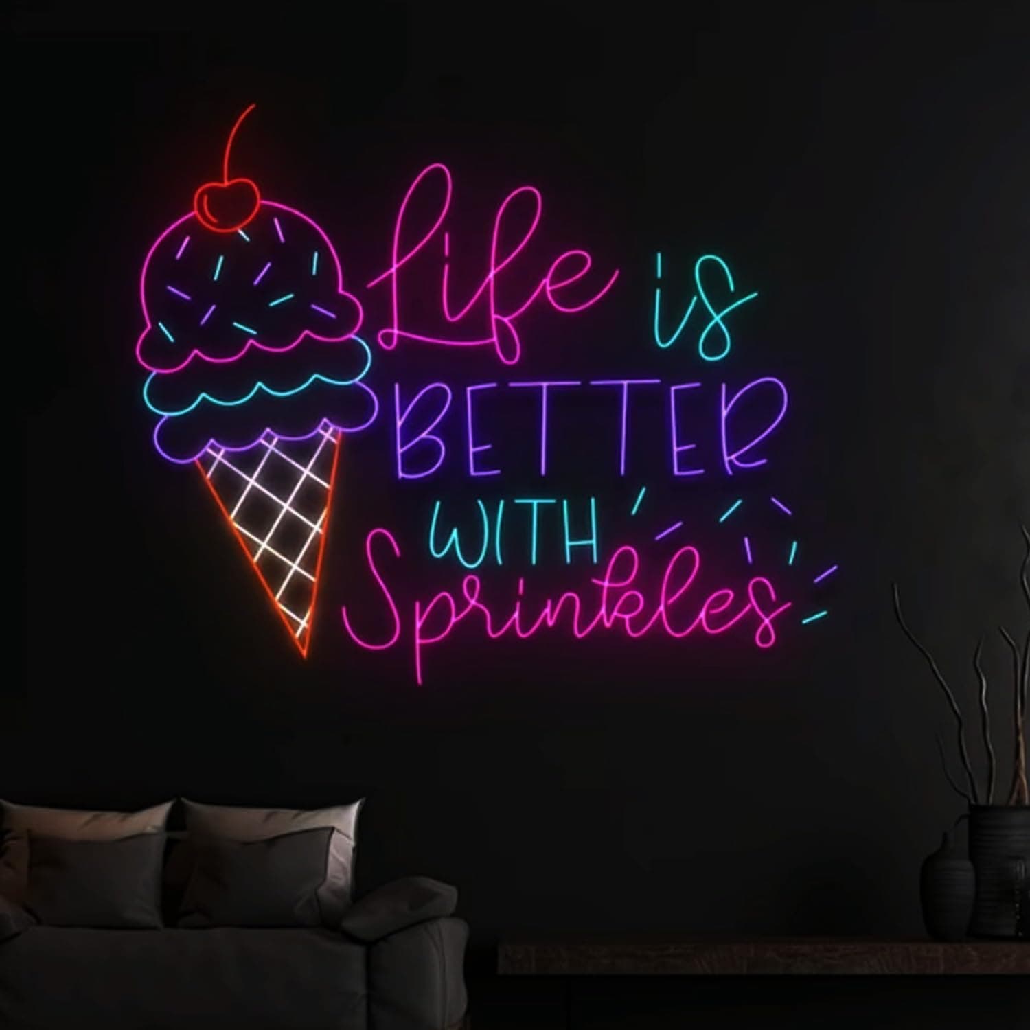 Vibrant Handcrafted Ice Cream Cone LED Neon Sign - Customizable 25-Inch Wall Art for Home, Cafes & Bars | Dimmable Retro Sprinkles Decor with Energy-Efficient Lighting-Ice Cream Cone Neon Light Signs
