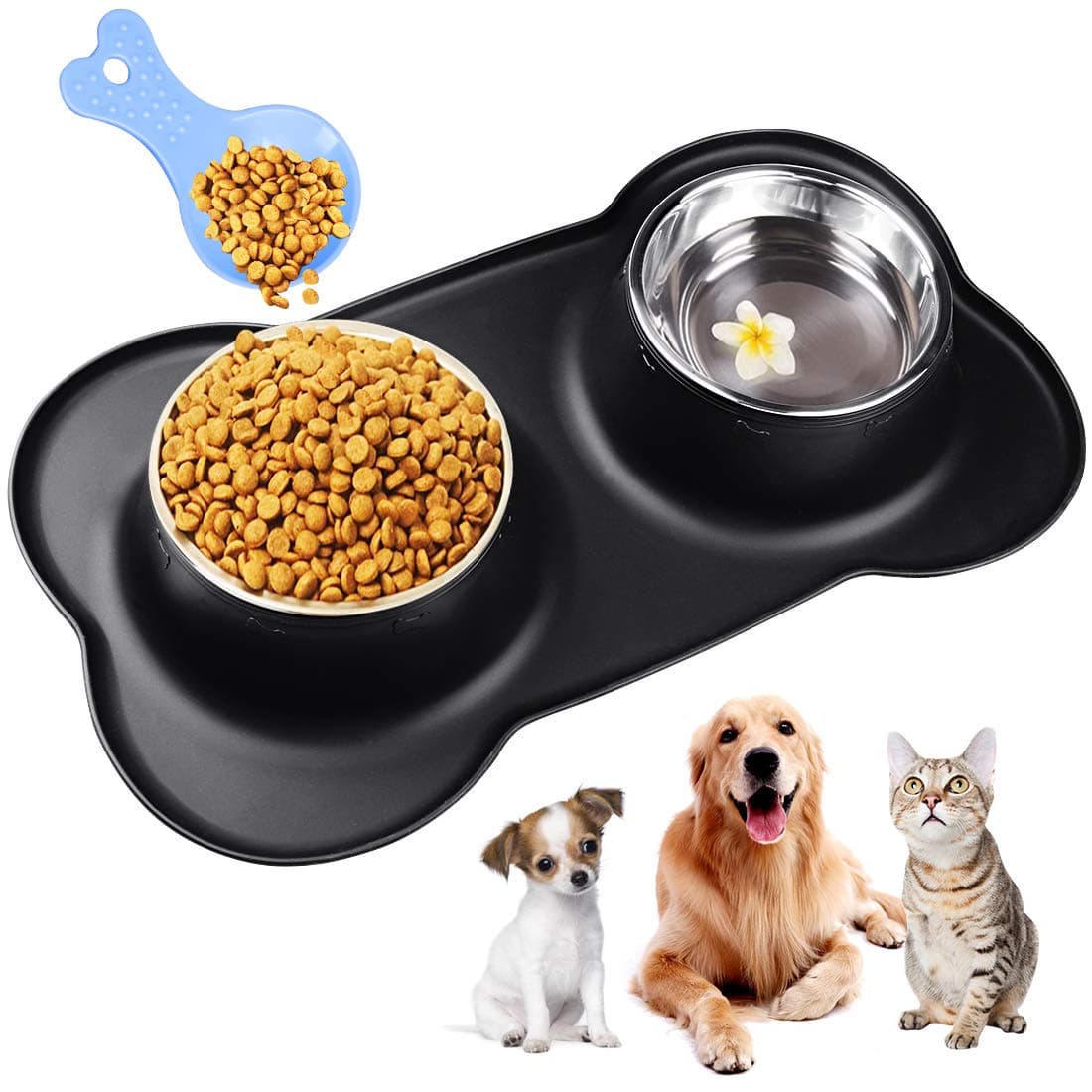 Double Dog Bowls Medium 700ml/Bowl Non Slip, with Silicon Tray Mats - Stainless Steel Food & Water Feeding Anti-overflow, for Medium Pets, Add Pet Food Scoop Black