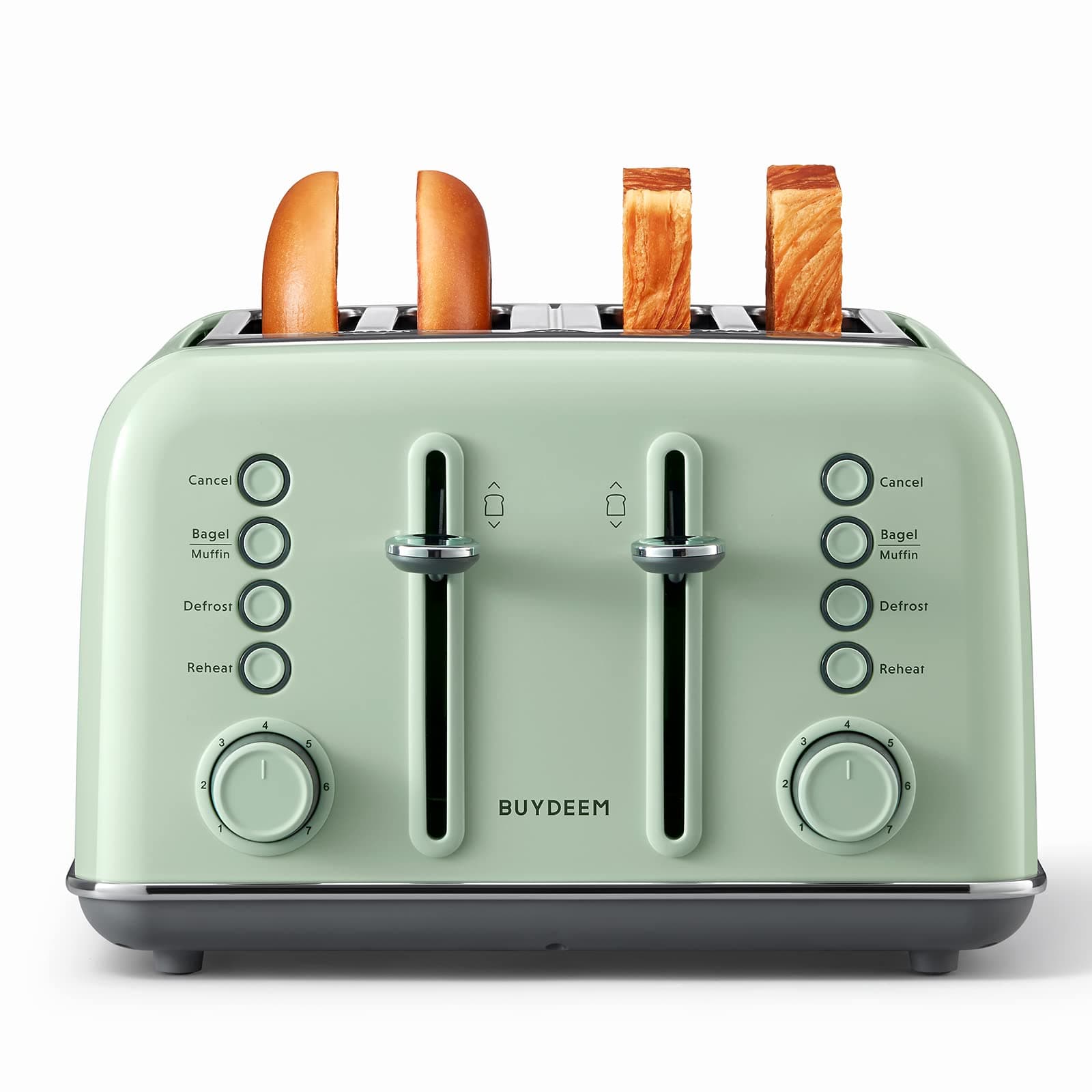 BUYDEEM DT640 4-Slice Toaster, Extra Wide Slots, Retro Stainless Steel with High Lift Lever, Bagel and Muffin Function, Removal Crumb Tray, 7-Shade Settings,Cozy Greenish