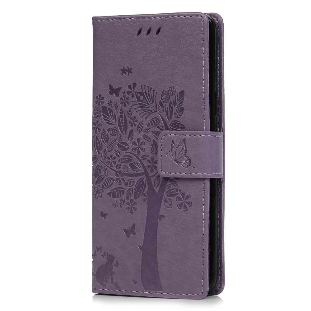 Samsung Galaxy S9 Case, Shockproof Premium PU Leather Flip Case Notebook Wallet Cover Embossed Tree with Stand Card Holder Soft TPU Bumper Protective Skin for Samsung Galaxy S9,Light Purple