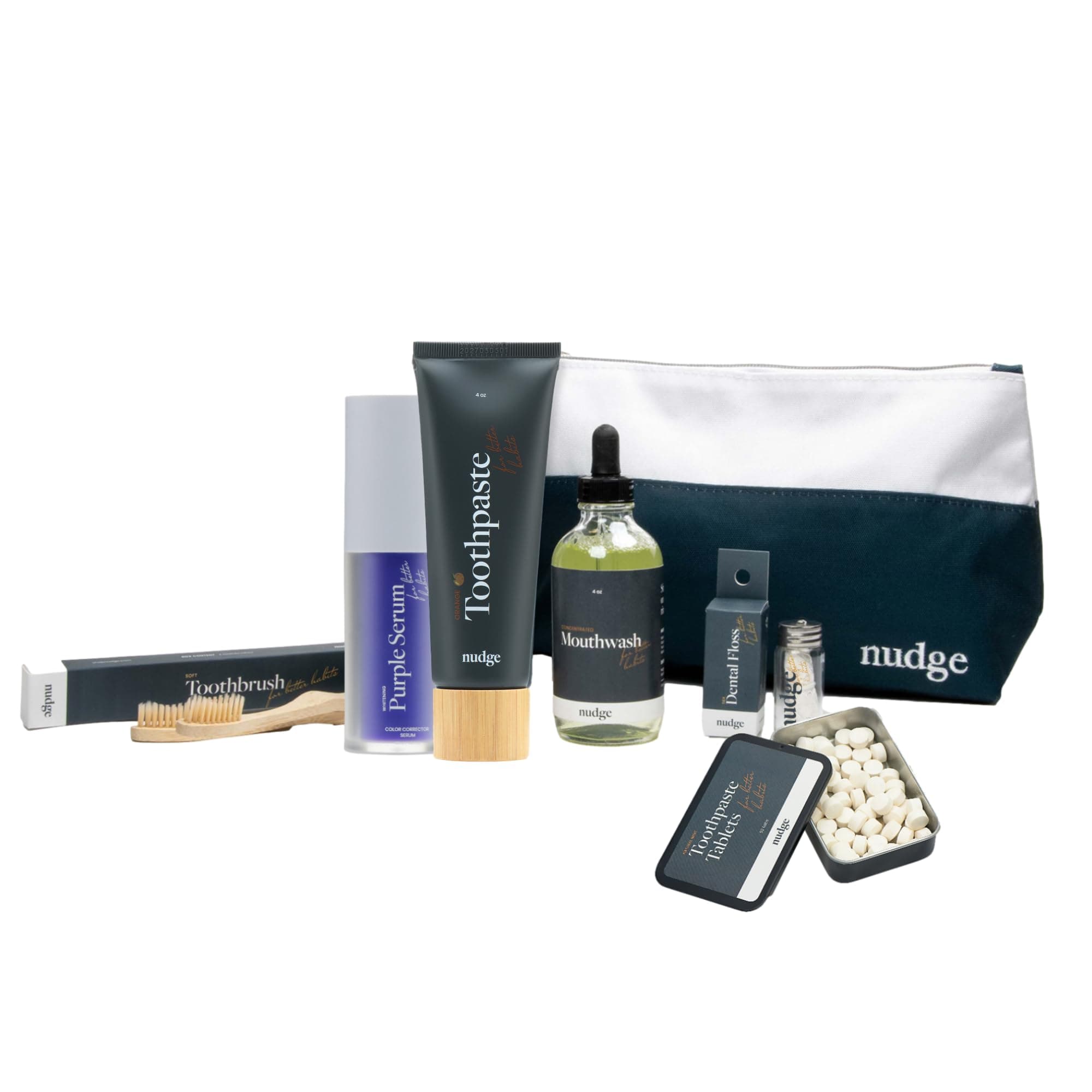Oral Care Kit: Orange n-Ha Toothpaste 4 oz, Alcohol-Free Mouthwash 4 oz, Silk Floss 30m, 2 Bamboo Toothbrushes, 62 Toothpaste Tablets, Purple Whitening Serum, Reusable Toiletry Bag