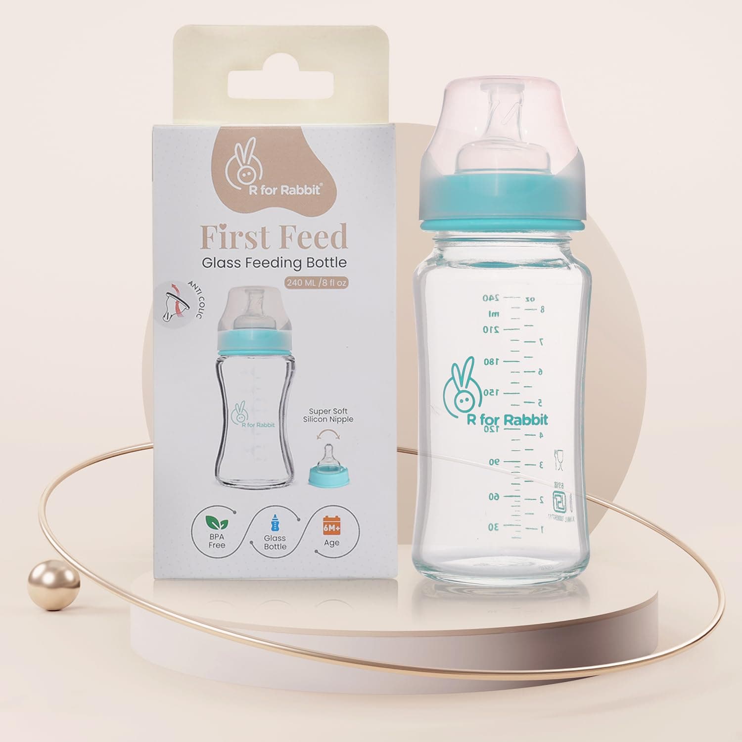 First Feed 240 ml Baby Feeding Glass Bottle with Anti-Colic Wide Neck, BPA Free Soft Silicone Nipple, Milk Feeder for New Born/Infants/Toddler Kids of 6+ Months (Sea Green)