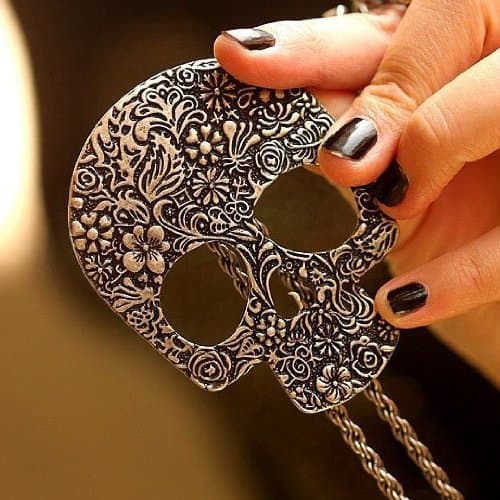 Rhinestone Skull with Engraved Design Pendant Necklace