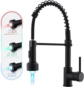 GIMILI Commercial Kitchen Sink Faucet,Single Handle Solid Brass Pull Down Sprayer Spring Matte Black Kitchen Faucet with LED Light