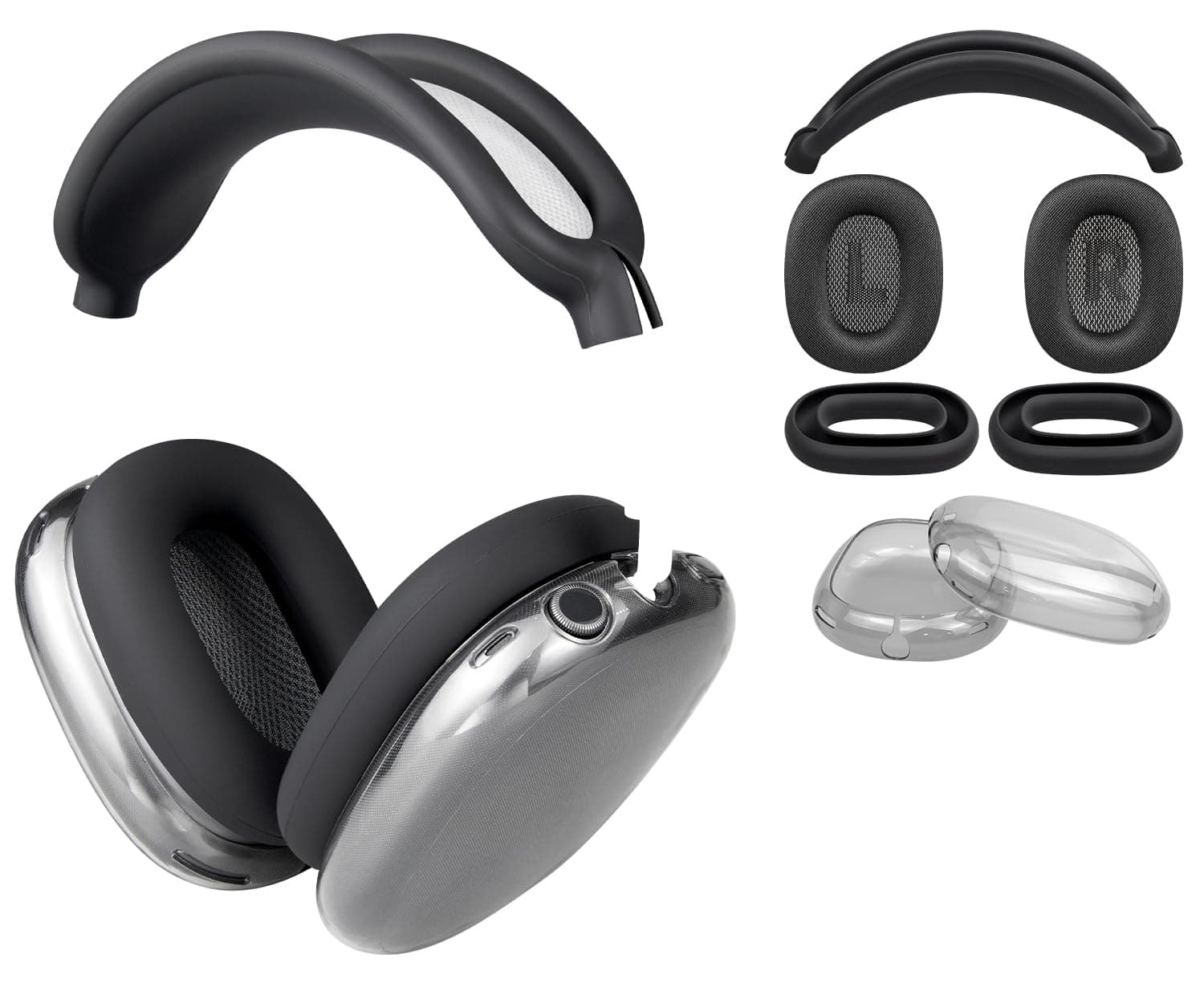 Replacement Kit for AirPods Max, Mesh Fabric Earpads + Headband Cover + TPU Case Protector + Silicone Ear Pads Cover, Sweatproof, Anti-Scratch Accessory, Cushions with Softer Foam - Black