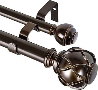 1 Inch Double Curtain Rods 140 to 195 Inches (12-16 Feet) Telescoping Heavy Duty Drapery Rod for Windows 120 to 170, Netted Texture Finials, Antique Bronze