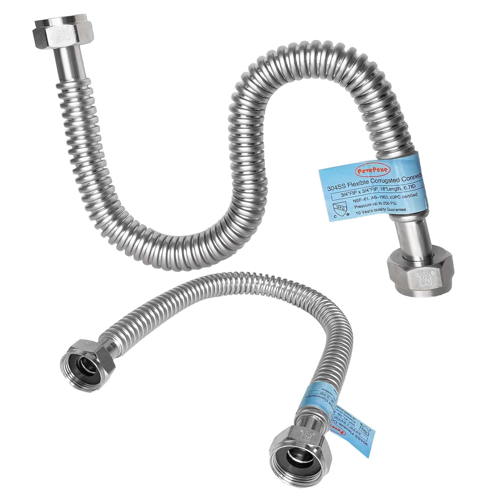 PevePexe 2 PACK, 3/4" FIP x 3/4" FIP x 24" Length Water Line, Stainless Steel Flexible Corrugated Water Heater Connector, Water Heater Hoses 3/4 Inch Flex Pipe Flexible Hose For Water Softener