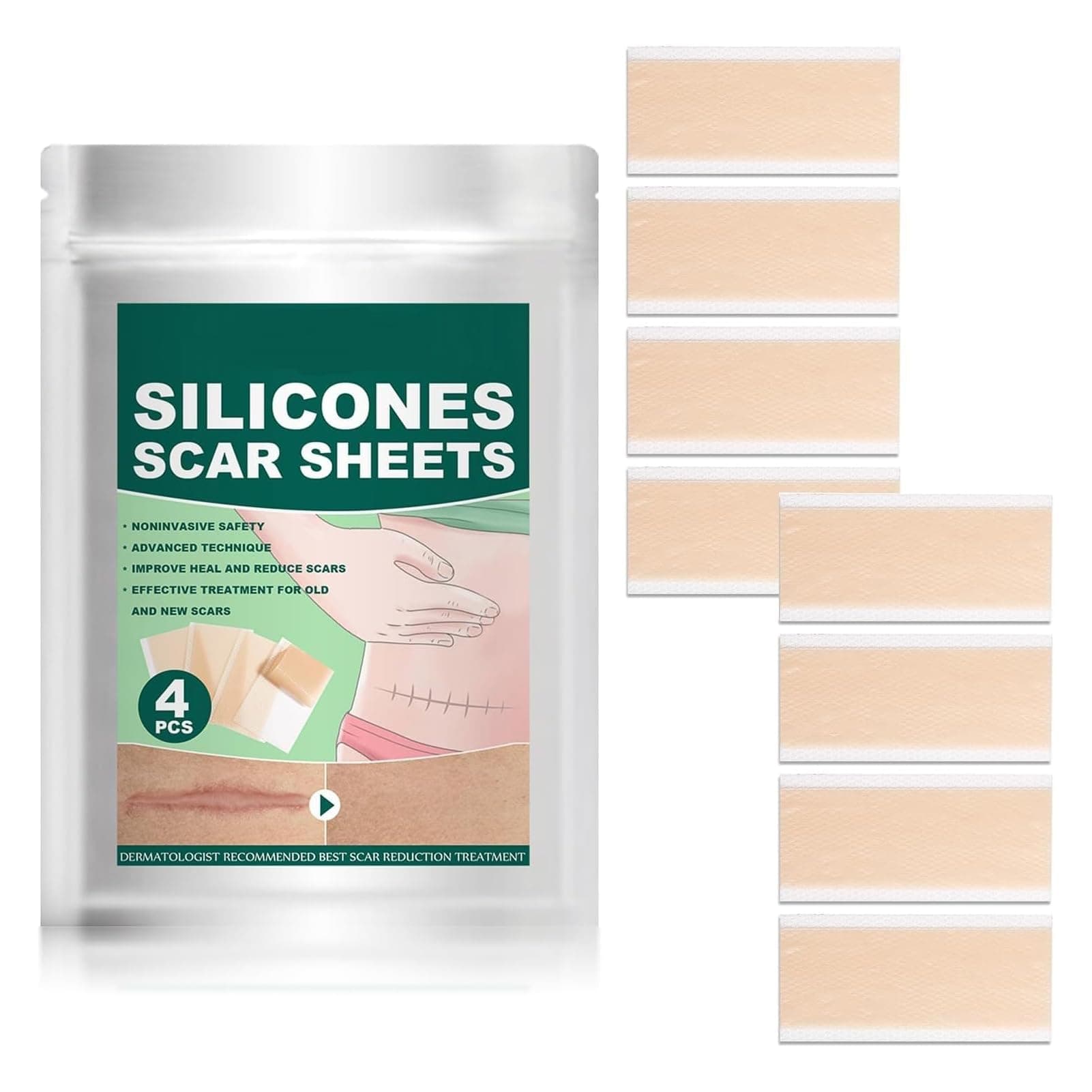 KASTWAVE Silicone Scar Sheets, Silicone Scar Tape Roll, 8 Pack Scar Removal Gel Patches, Easy-Tear Gel Tape For Scar, Soft Silicone Scar for Surgery Scars, Medical Silicone Scar Repair Sheets