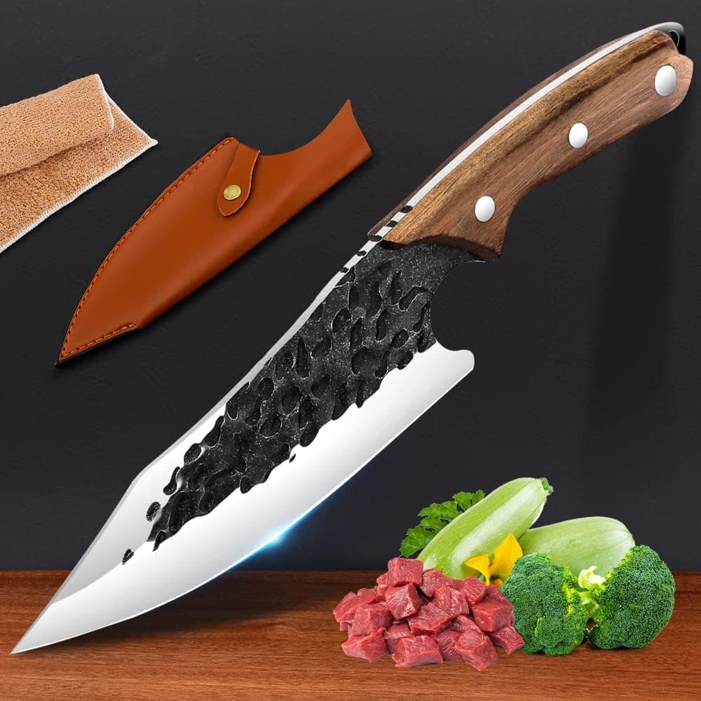 cuspitum Upgraded Chef Knife High Carbon Stainless Steel Professional Kitchen Cooking Knife with Sheath and Ergonomic Handle - Ultra Sharp Meat Cleaver Chopping Knife for Home Outdoor or Camping
