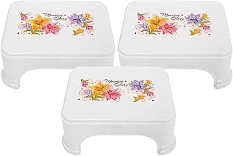 Kuber Industries Floral Print 3 Pieces Plastic Bathroom Stool, Adults Simple Style Stool Anti-Slip with Strong Bearing Stool for Home, Office, Kindergarten, White-KUBMART10873
