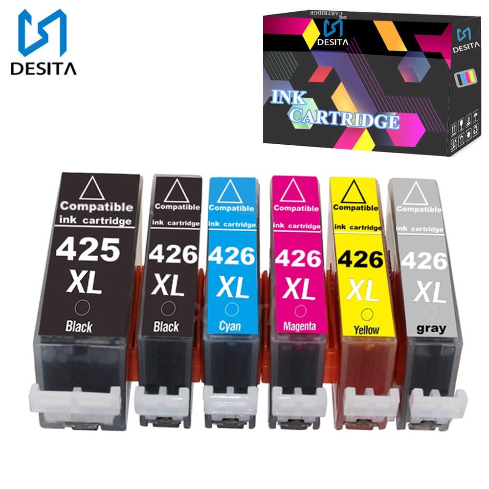 S DESITA 6 Pack Compatible Ink Cartridges PGI-425 CLI-426 Replacement for Canon PIXMA MG5240 5140 6140 8140 IP4840 MX884 IX6540 Inkjet Printers (BK/BK/C/M/Y/GY)