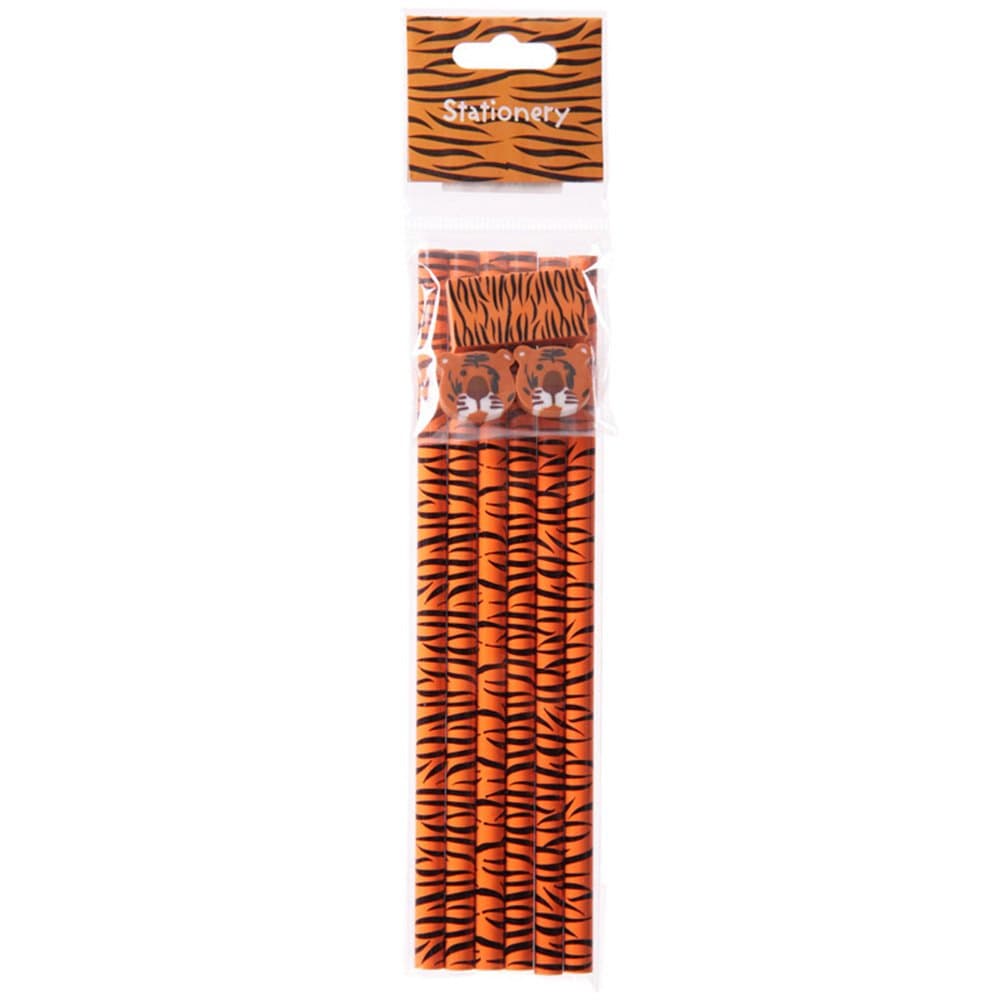 6 Animal Print Pencils and Erasers - Tiger