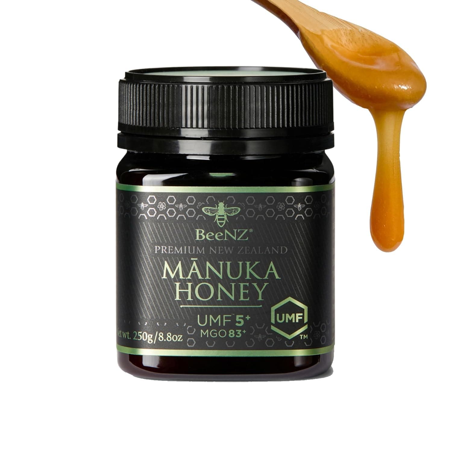 BeeNZ Raw Mānuka Honey, Certified UMF 5+ (MGO 83+), Pure New Zealand Monofloral Mānuka Honey, Natural Sweetener and Superfood for Daily Wellness Support, Monofloral, No Sugar Added, Traceable from Hive to Jar, 8.8 oz/250g