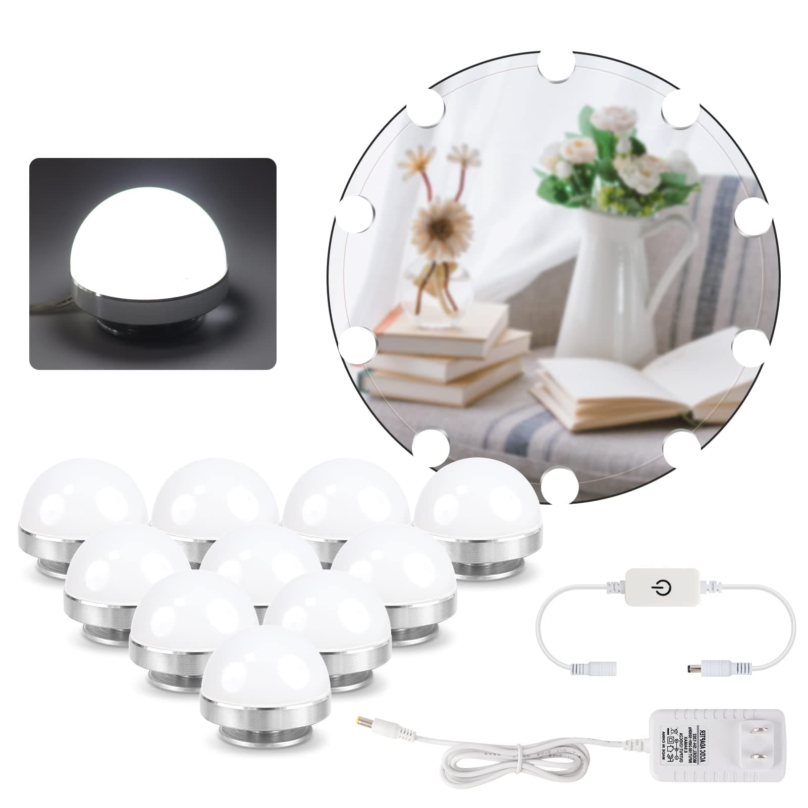 LightingWill Hollywood Style Vanity Mirror Lights Kit with 10 Dimmable LED Light Bulbs for Makeup Dressing Table Set,Daylight White